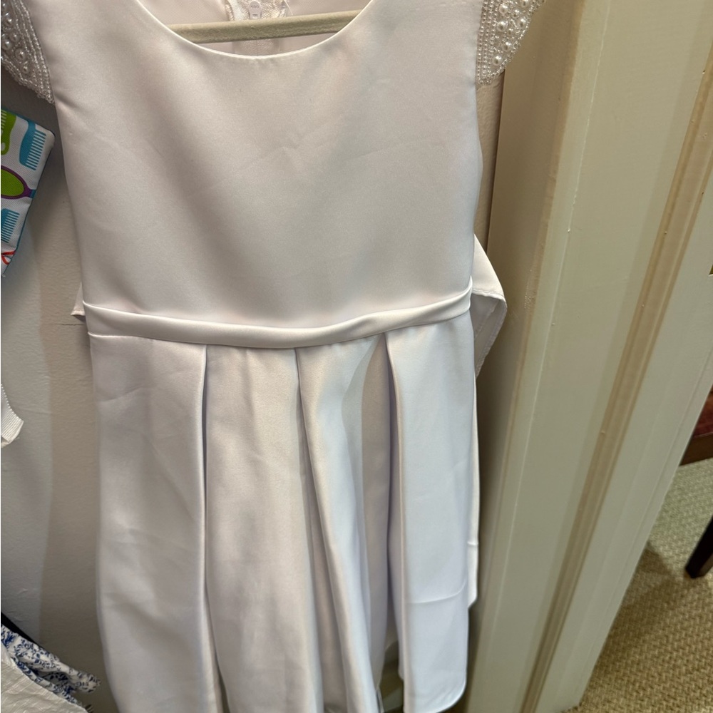 Girls White Satin Formal Dress with Pearl Cap Sleeves size 3/4